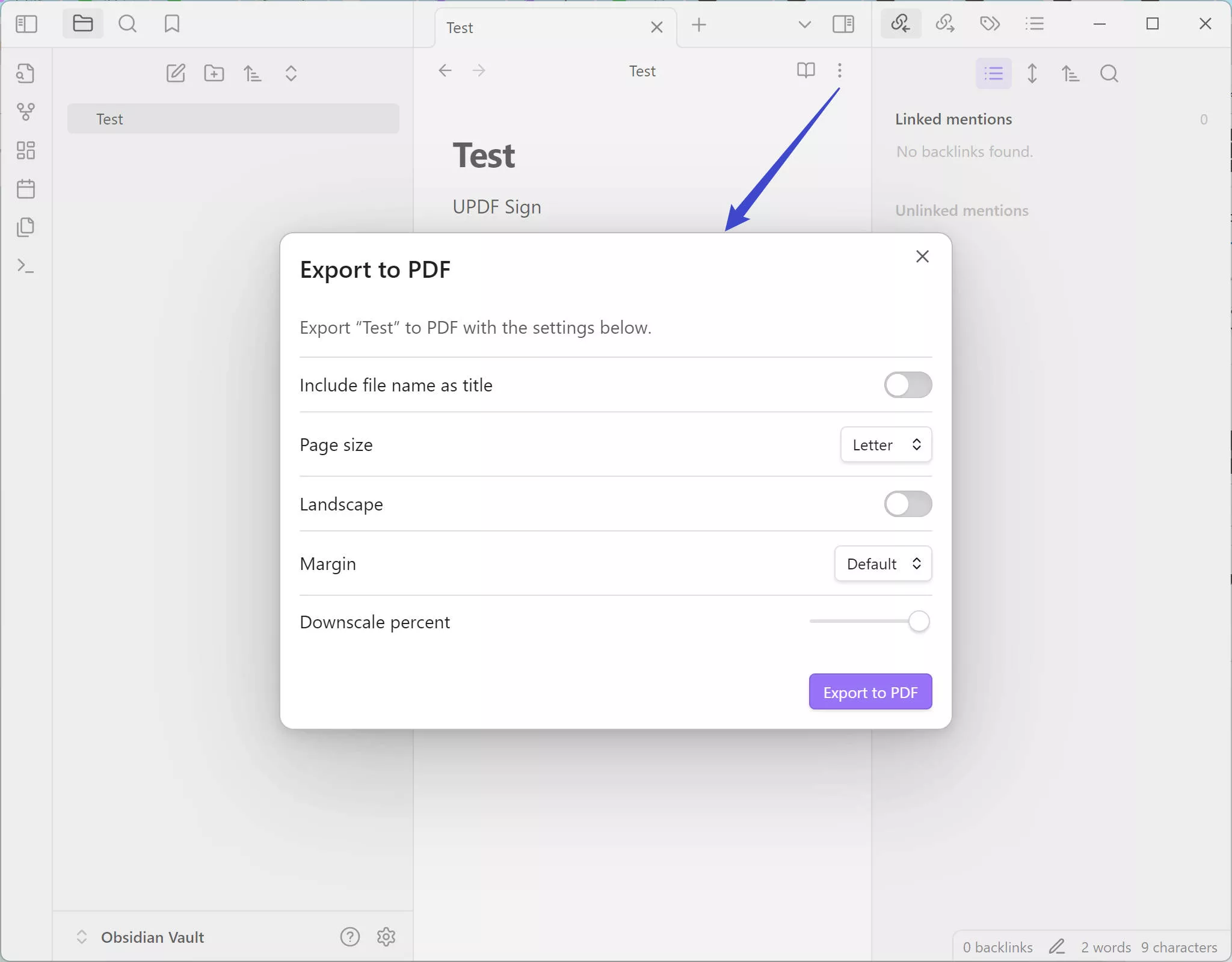exportar pdf em Obsidian