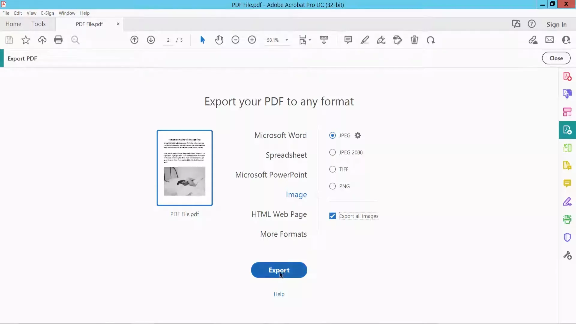 select file format and click export to extract all images with acrobat