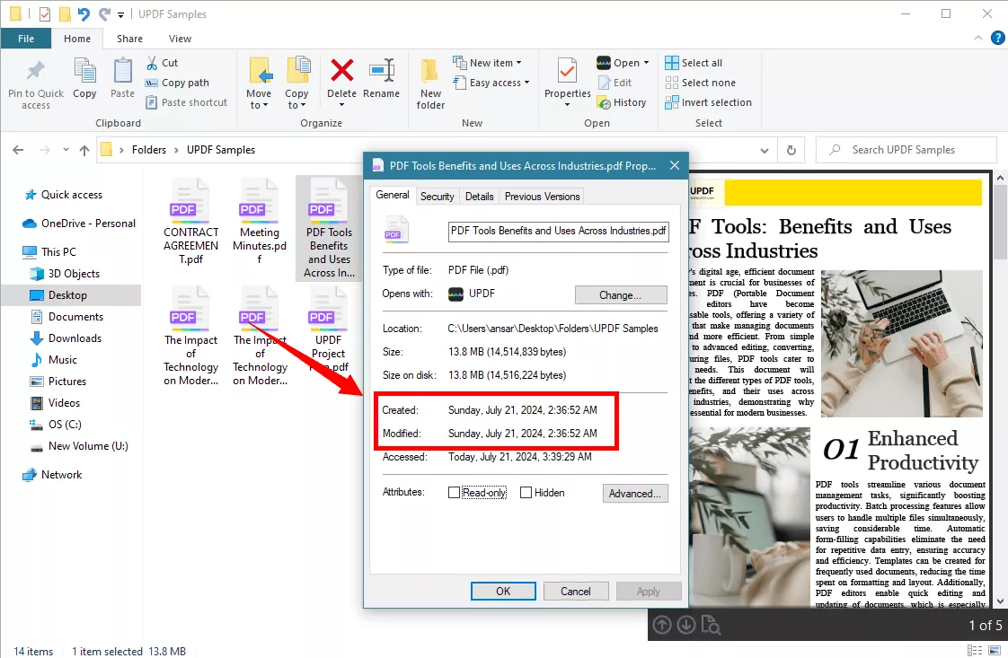 find the pdf creation and modification details in windows