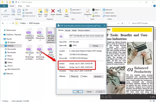 find the pdf creation and modification details in Windows