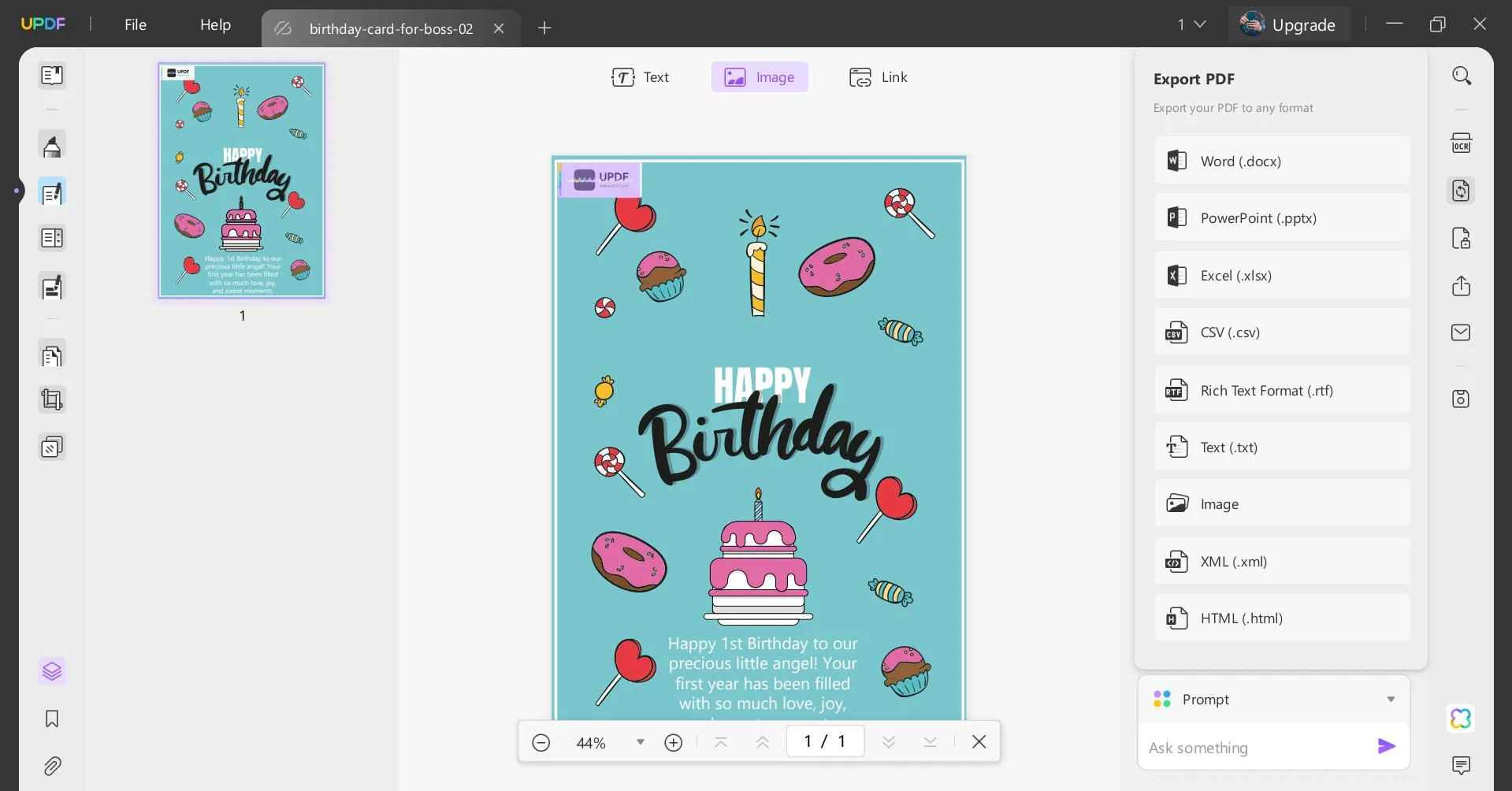 first birthday wishes save or export PDF
