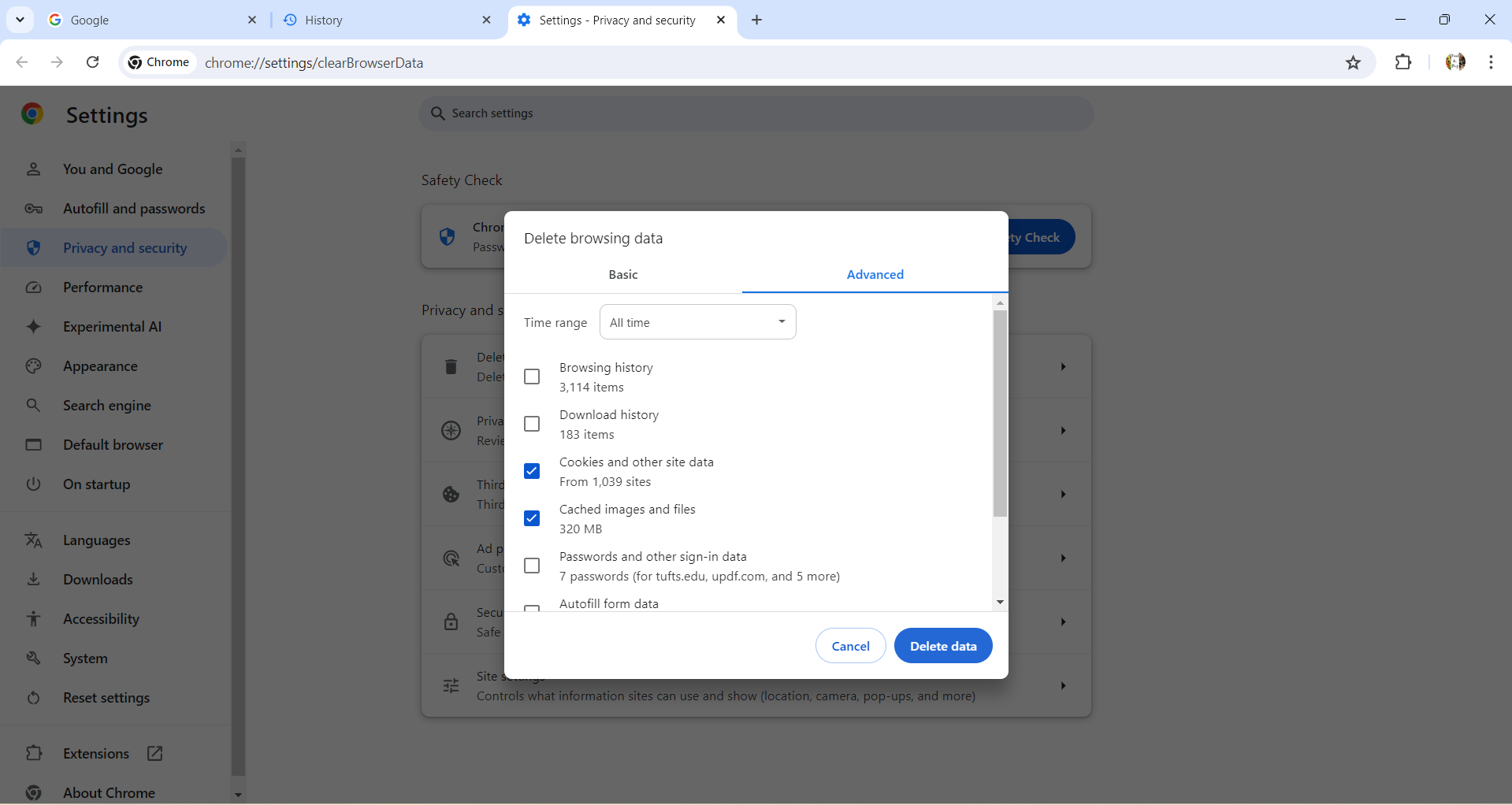 Überprüfen Sie die Cookies und andere Website-Daten im Browser