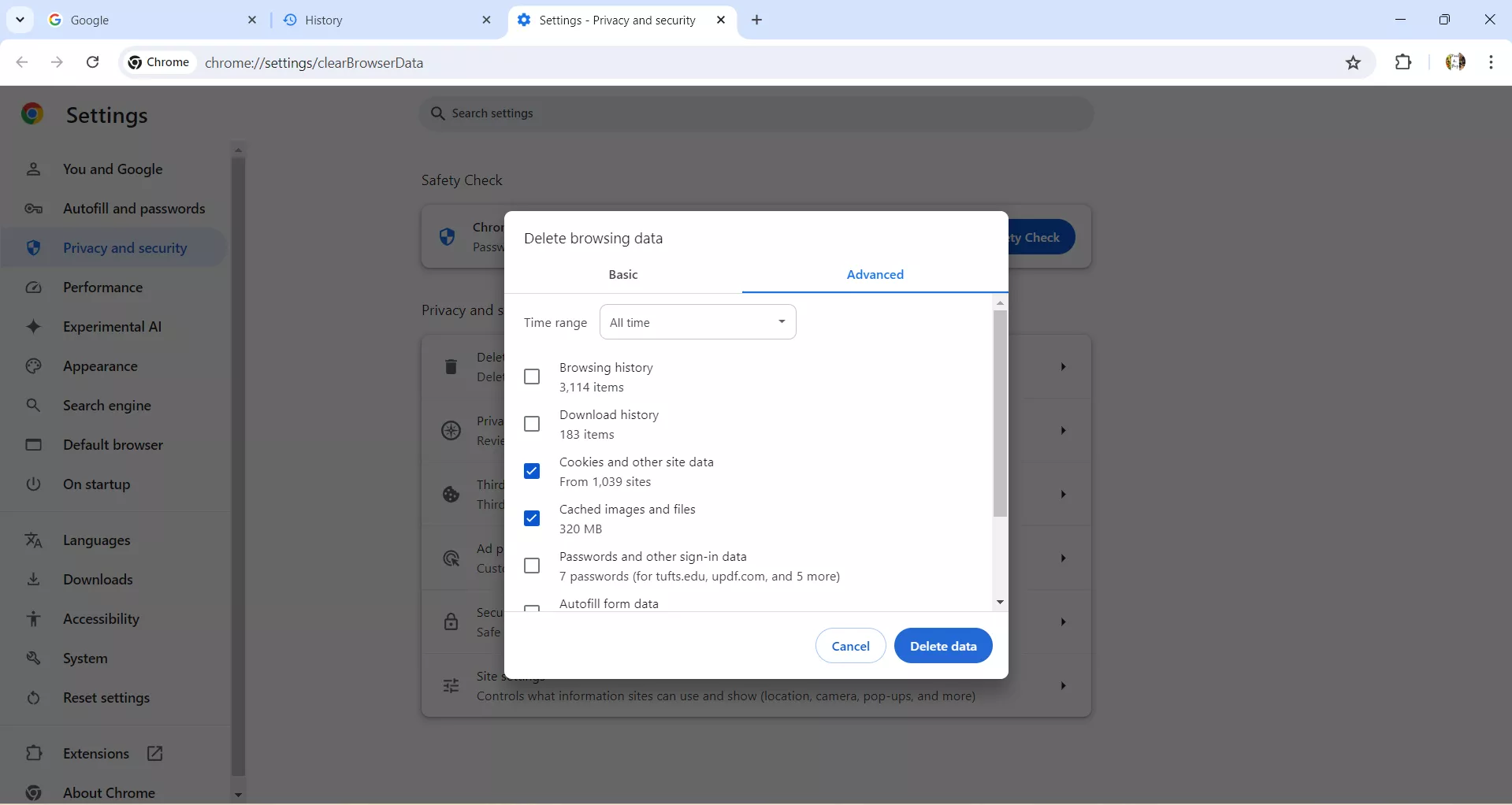 check the cookies and other site data in the browser