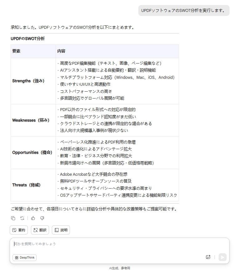 UPDFAIアシスタントでSWOT分析を実行する
