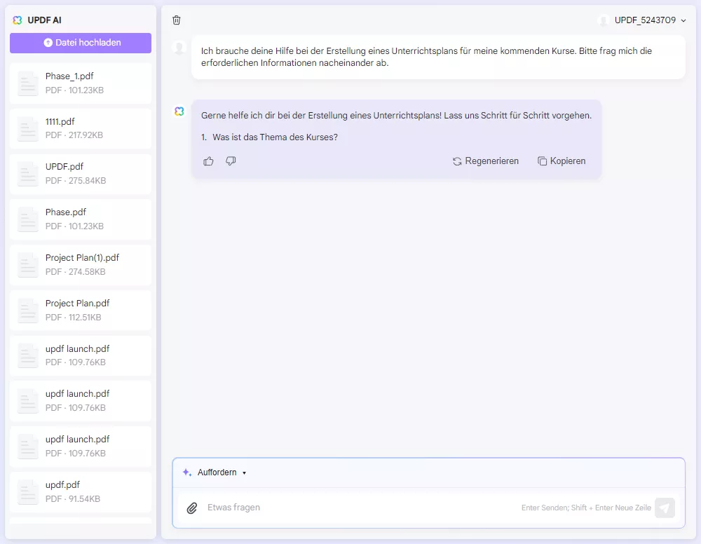 Wie Sie AI im Unterricht einsetzen können Fragen Sie UPDF AI nach einem Unterrichtsplan