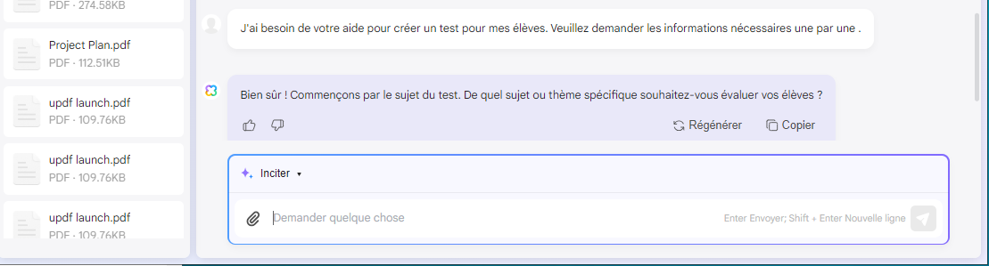 comment utiliser l'IA dans l'enseignement Demandez à UPDF AI un document de test