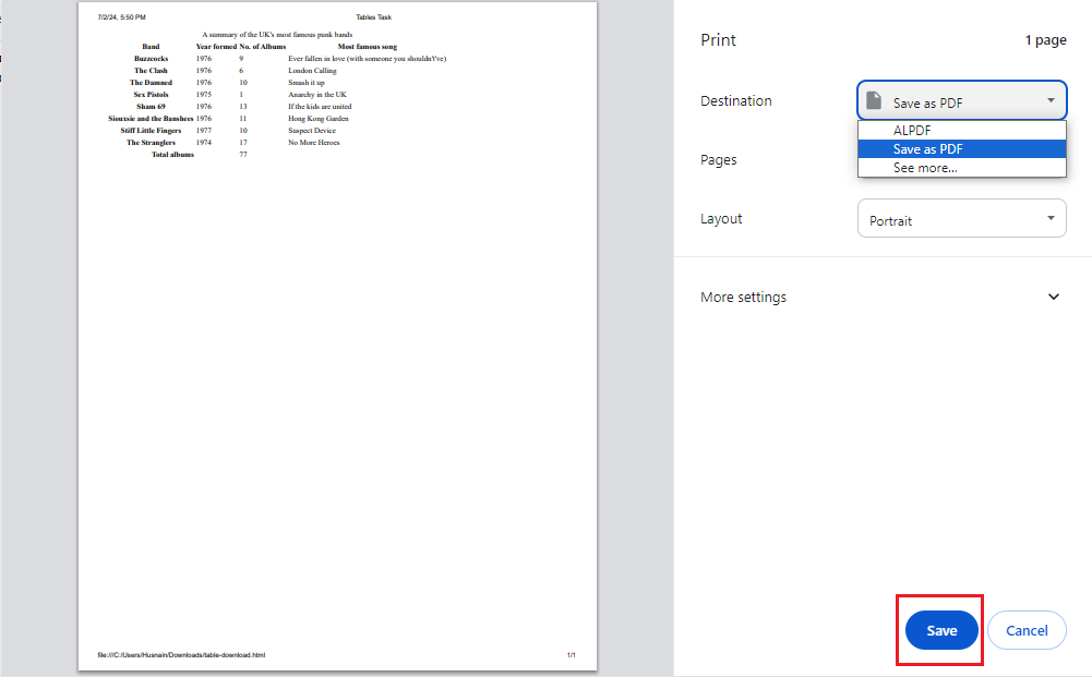 save the html file as pdf with a browser