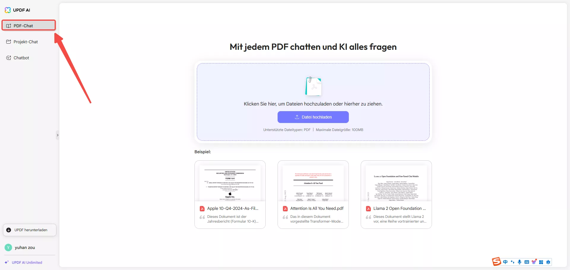Datei hochladen updf ai chat pdf