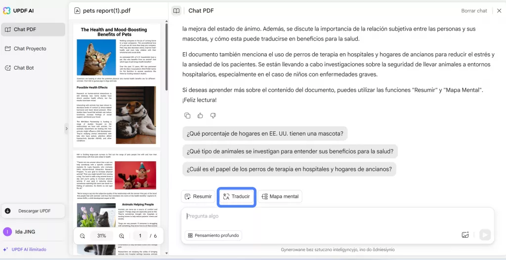 seleccionar la opción de traducir