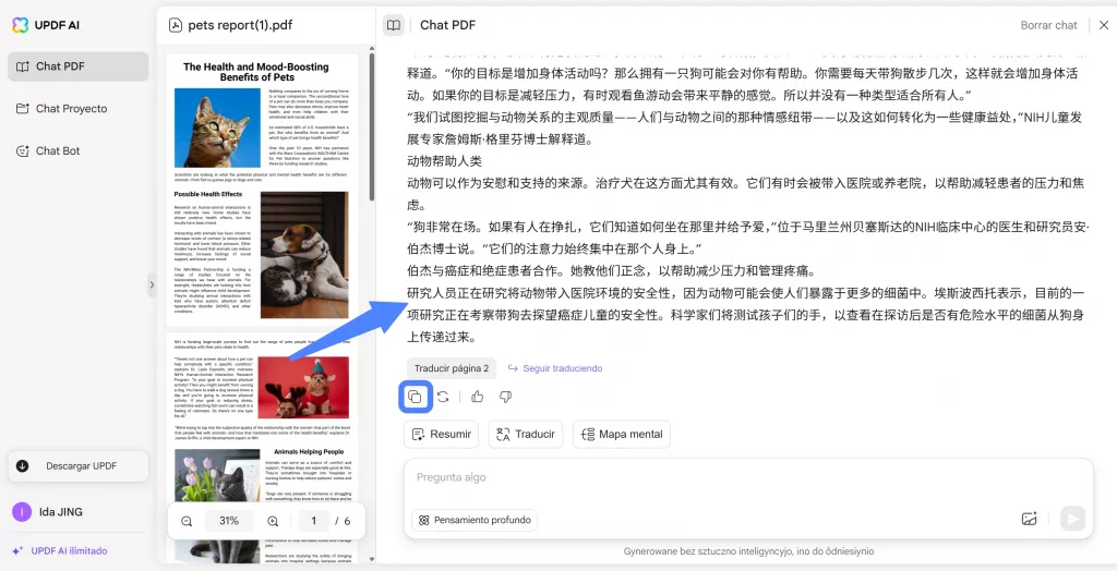 copiar el texto traducido de updf ai