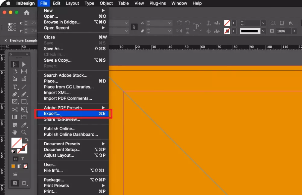 click File and select Export in indesign