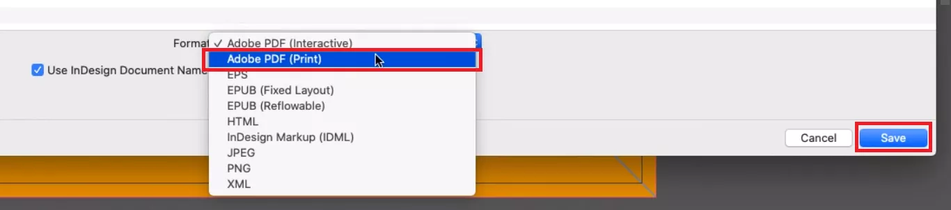 select the Adobe PDF (Print) format in indesign