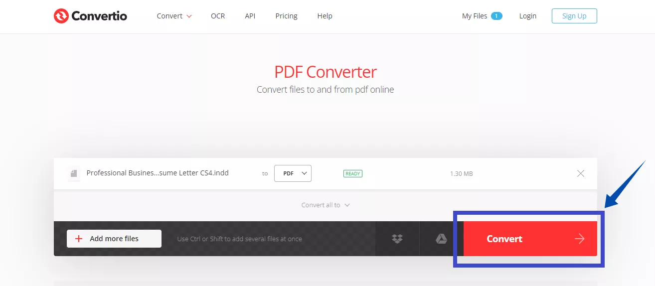 click Convert to convert INDD to PDF online with convertio