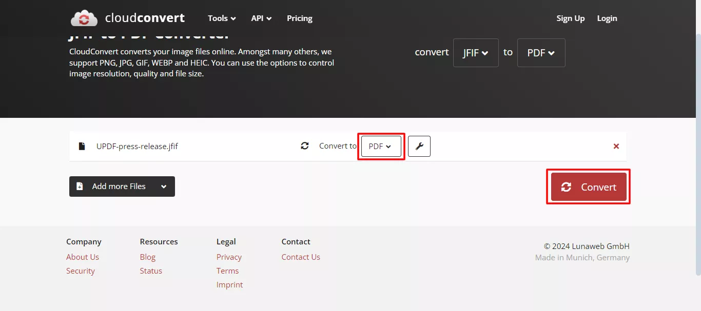click convert to convert JFIF to PDF with Cloudconvert.
