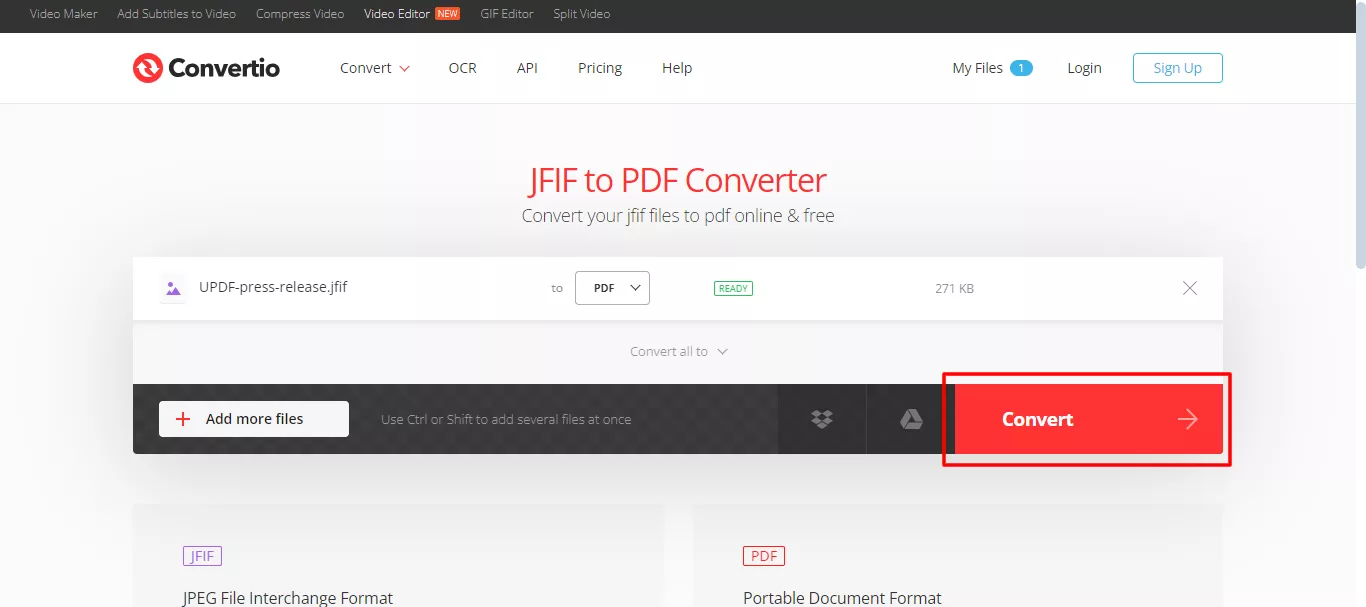 convert JFIF to PDF with convertio