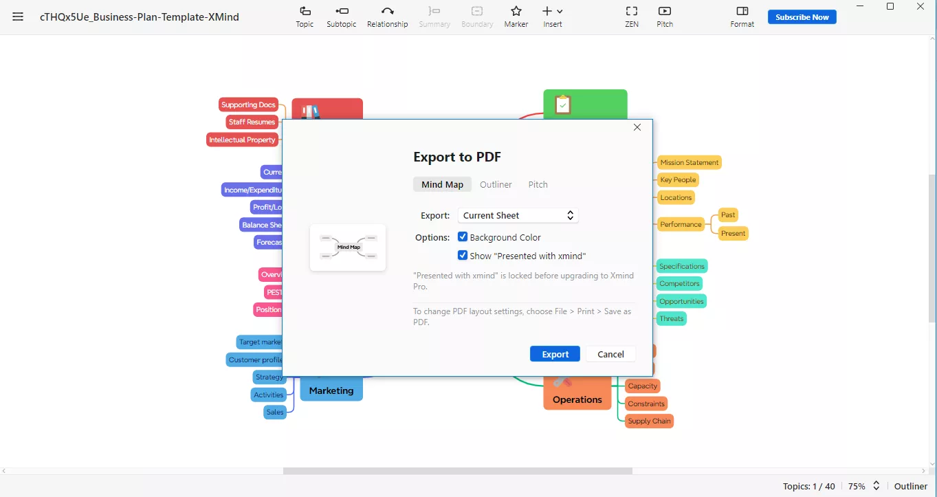 effectuez les modifications proposées par xmind et cliquez sur exporter.