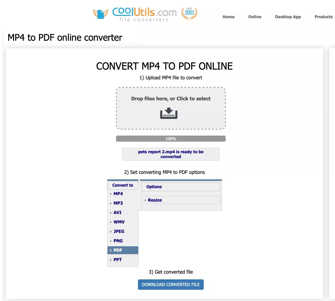 upload the mp4 to convert to PDF with coolutils