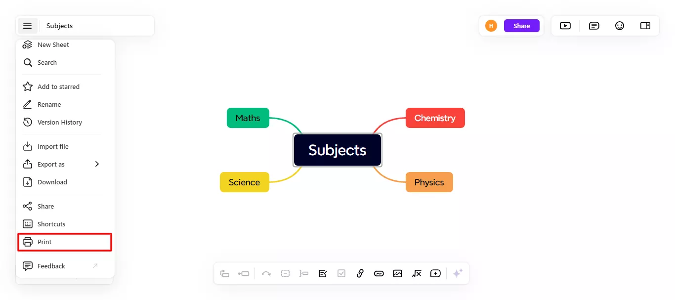 ouvrez l'option d'impression dans xmind en ligne.