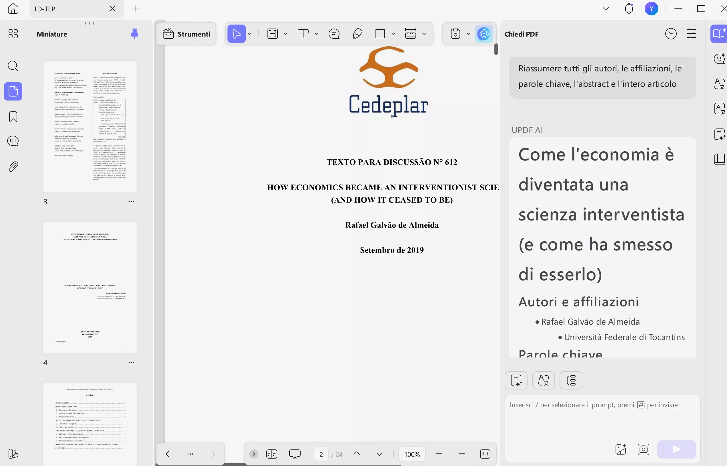 assistente AI di UPDF offre una modalità di riepilogo specializzata per le tesi