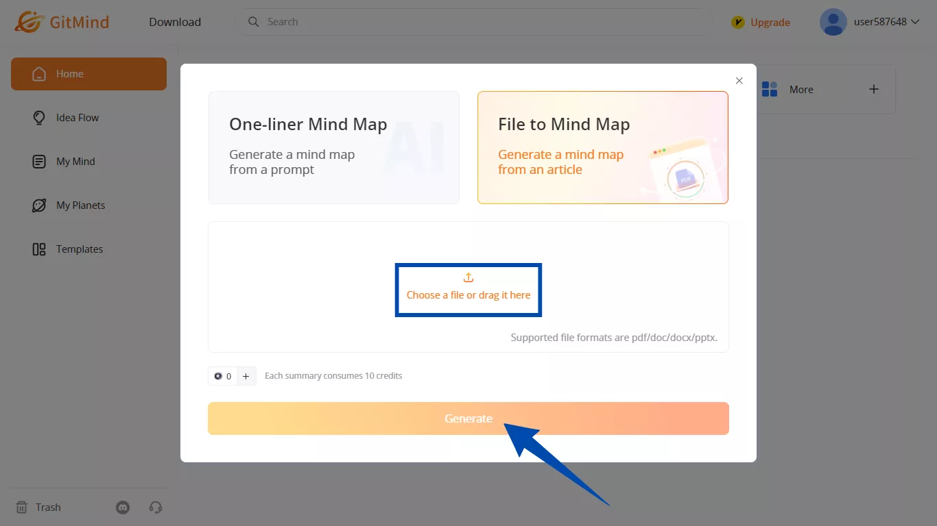 carica il tuo file su gitmind ai e clicca su Genera