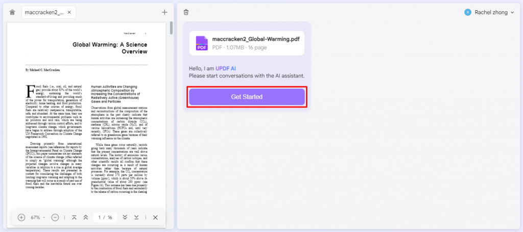 Klicken Sie auf die Schaltfläche „Erste Schritte“, um das PDF mit dem Online-AI-Assistent von UPDF zu analysieren