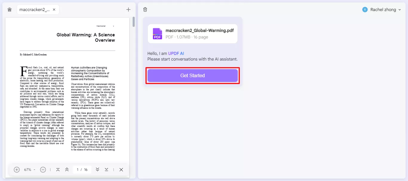 click the get started button to analyze the PDF with UPDF’s Online AI Assistant