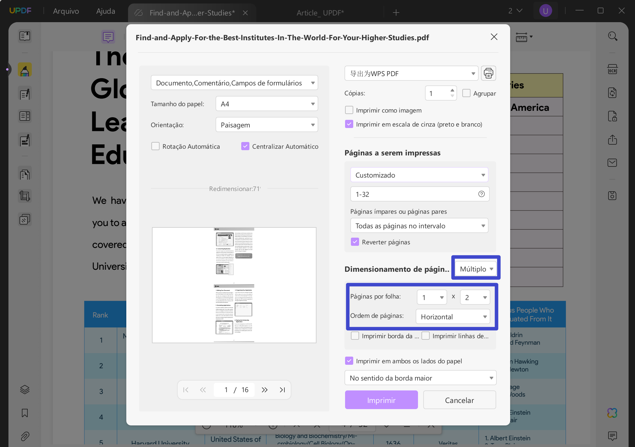 excel para pdf ajustar à página por folha