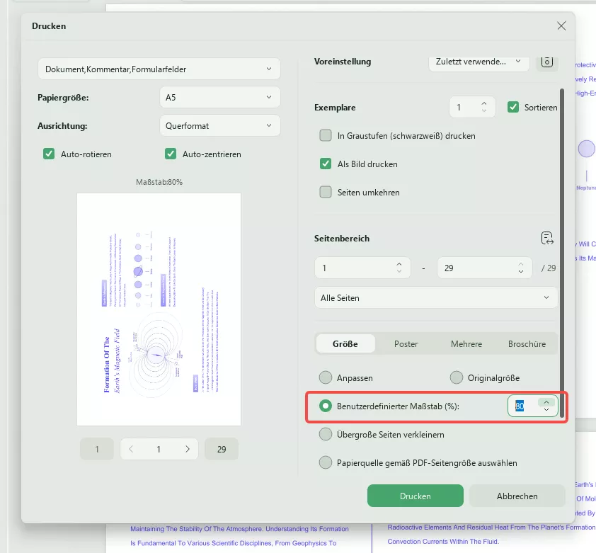 PDF skalieren benutzerdefinierte Seite