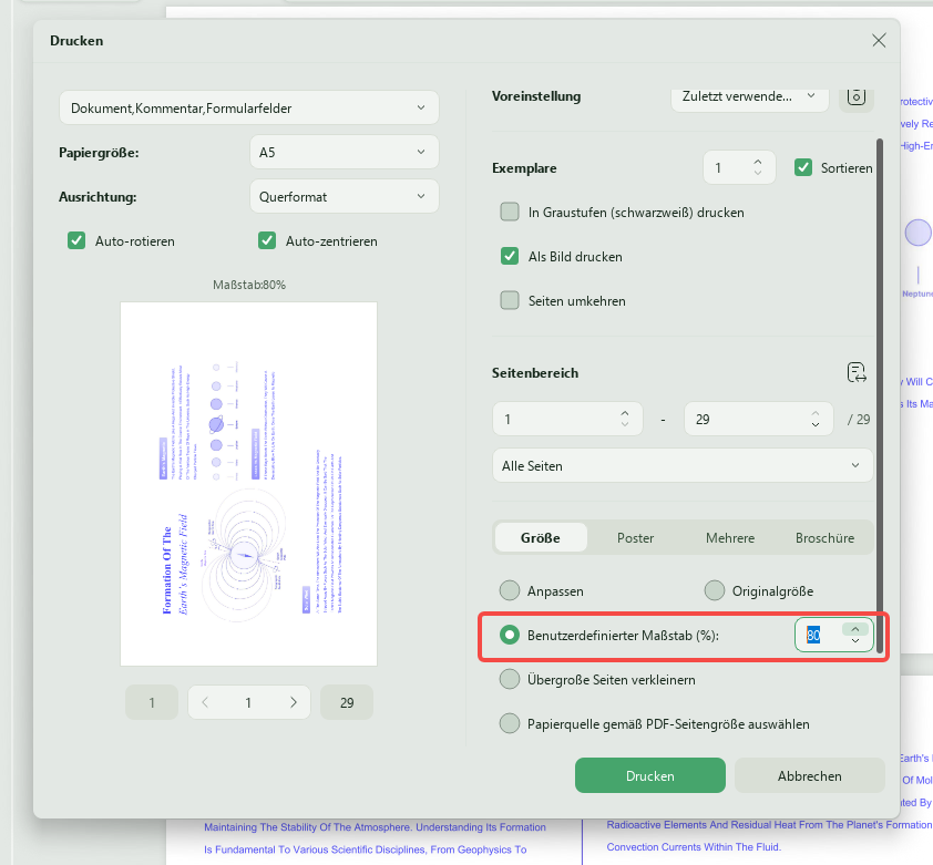 PDF skalieren benutzerdefinierte Seite