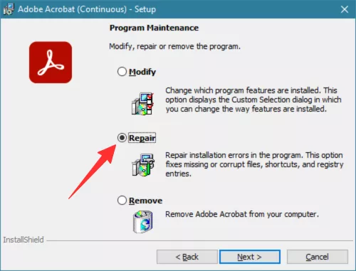 select the repair option to fix acrobat