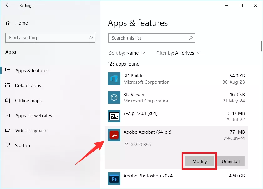 select adobe acrobat and click modify
