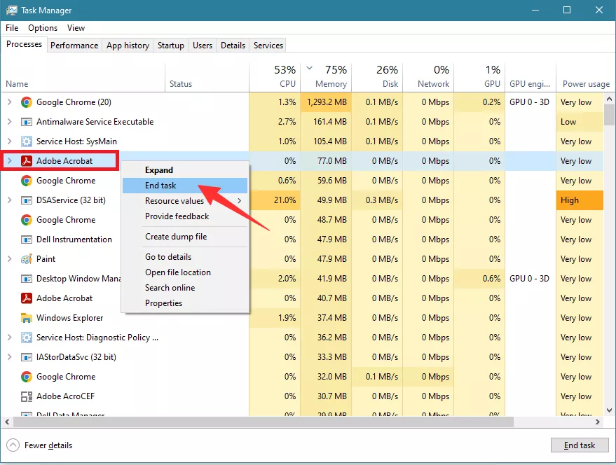 end adobe acrobat in task manager