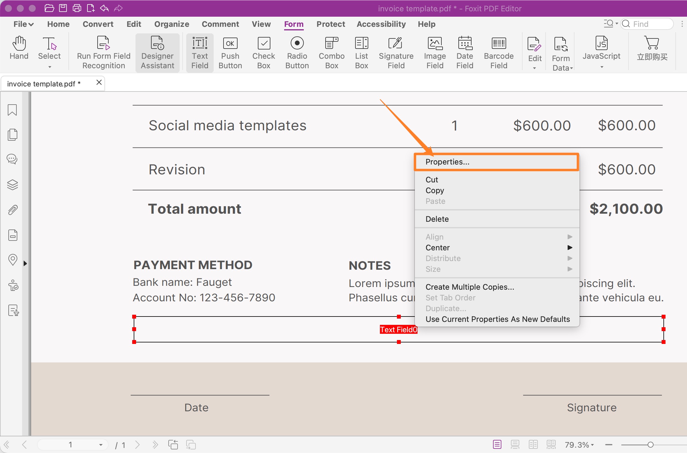 right-click on the text form field to get properties option