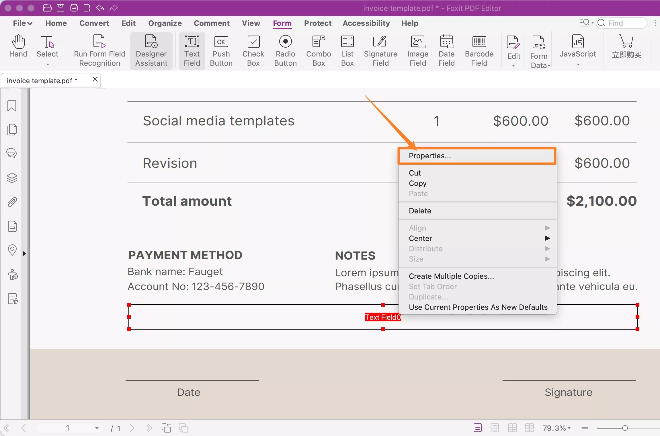 right-click on the text form field to get properties option