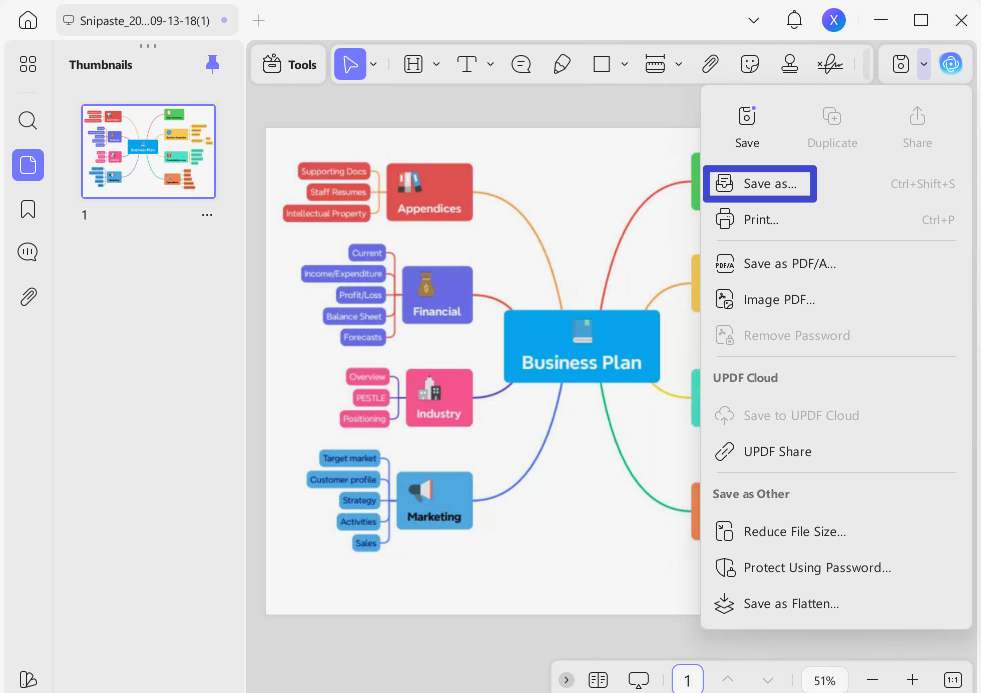 save the final pdf mind map file with updf