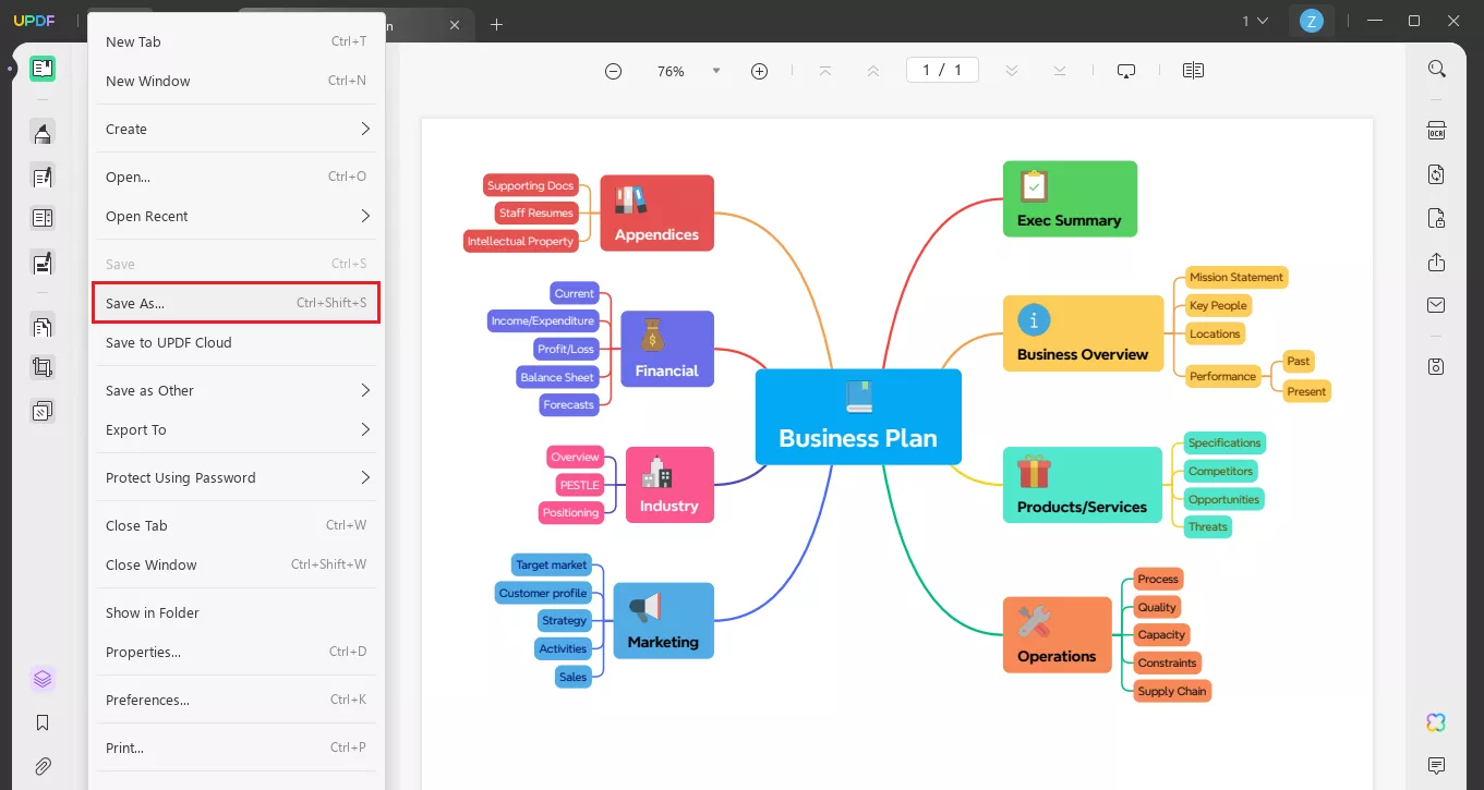 save the final pdf mind map file with updf