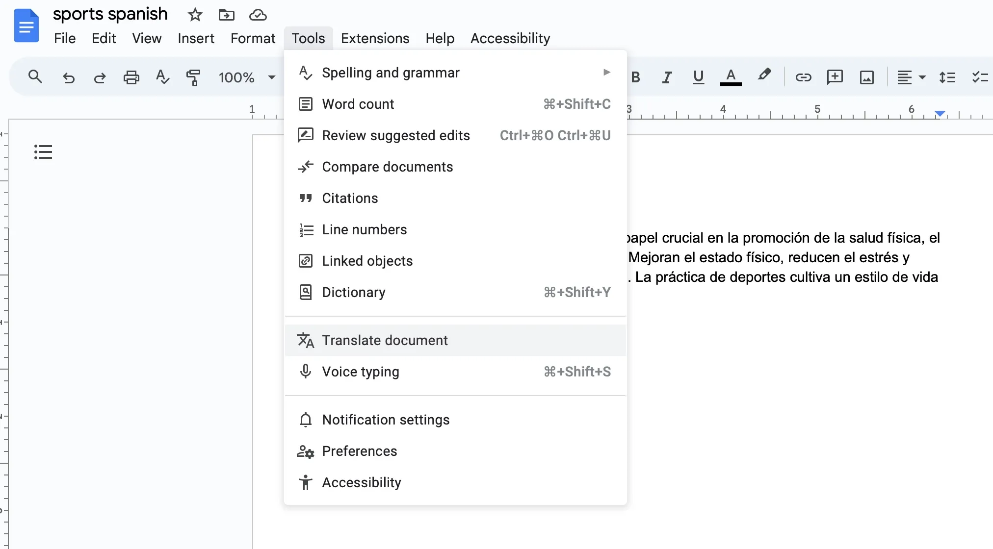 click on the tools to translate the documents with Google Docs.