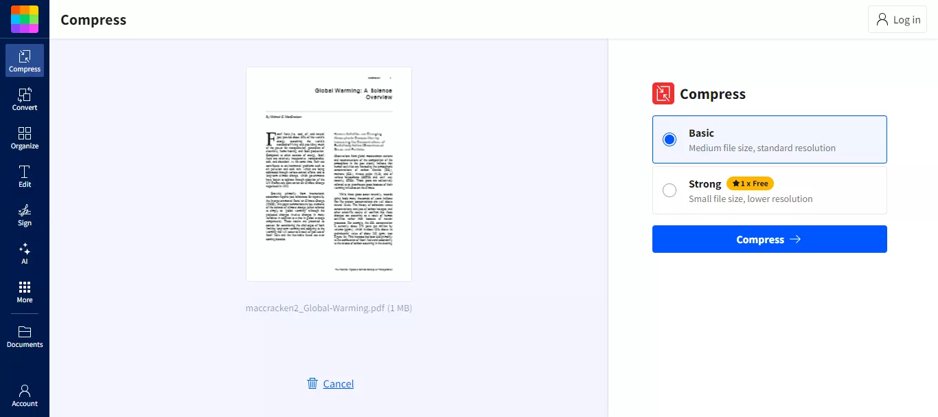 select the compression intensity and proceed in smallpdf