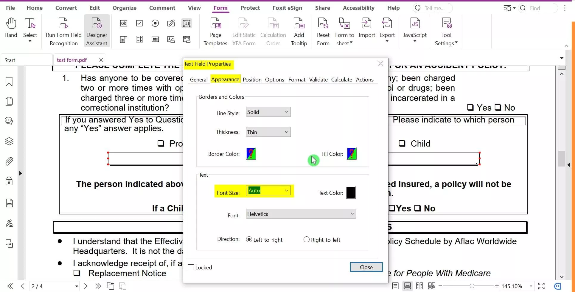 select the font size in text field properties in foxit