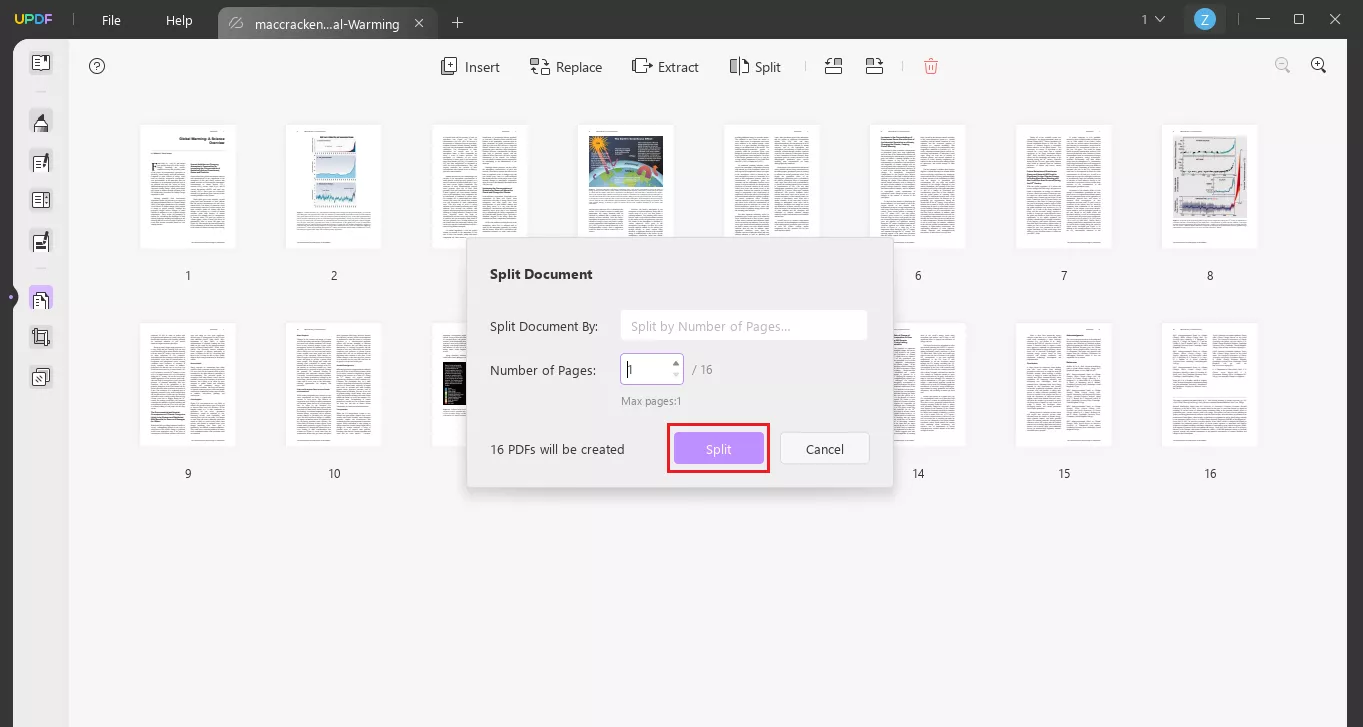 select the number of pages and click split in updf