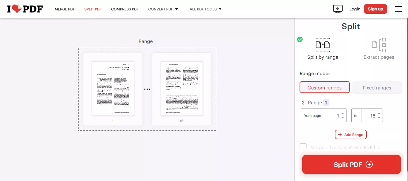 select the split option and click split pdf in ilovepdf