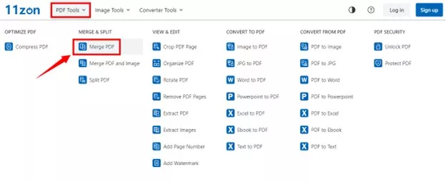 select the merge pdf tool on the 11zon website