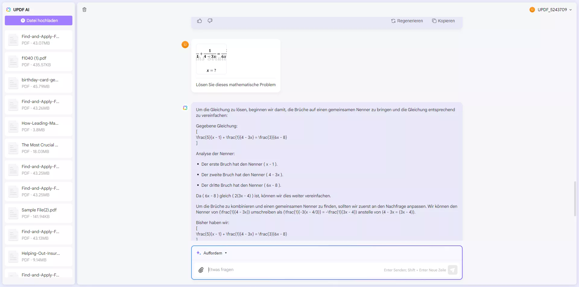 Mit einem Bild chatten, Matheaufgaben mit dem Online-AI-Assistenten von UPDF lösen