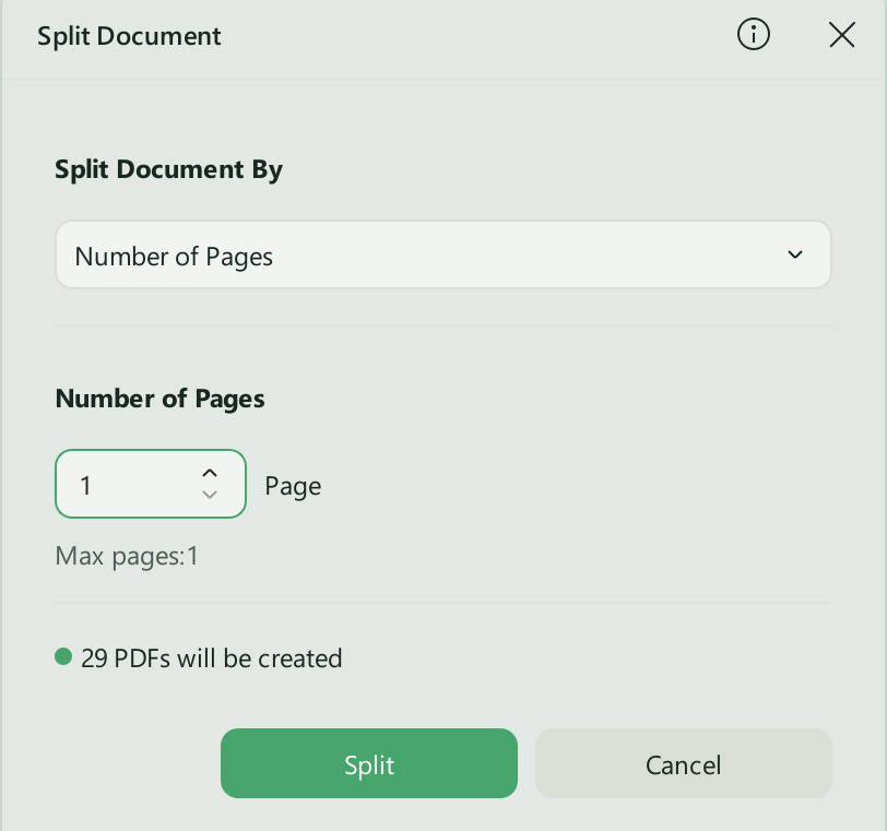 select the number of pages and click split in updf