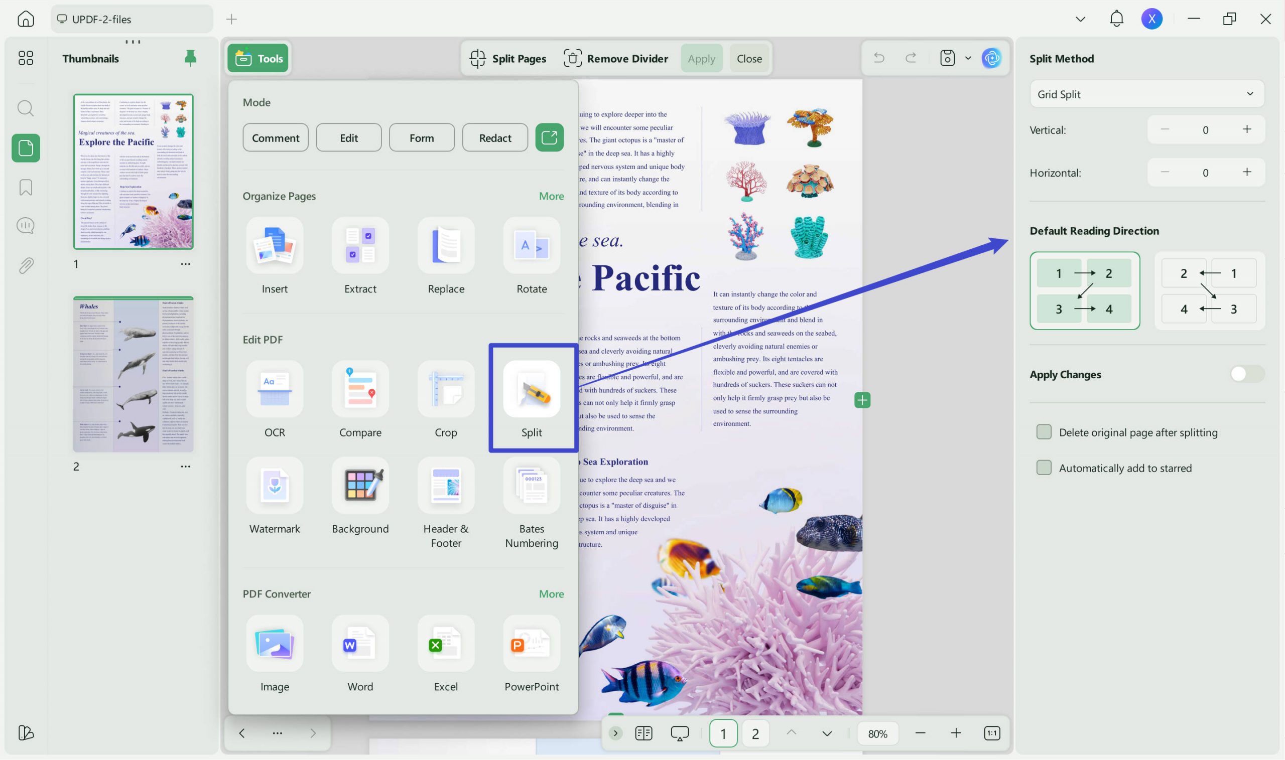 click crop page and then select split in updf