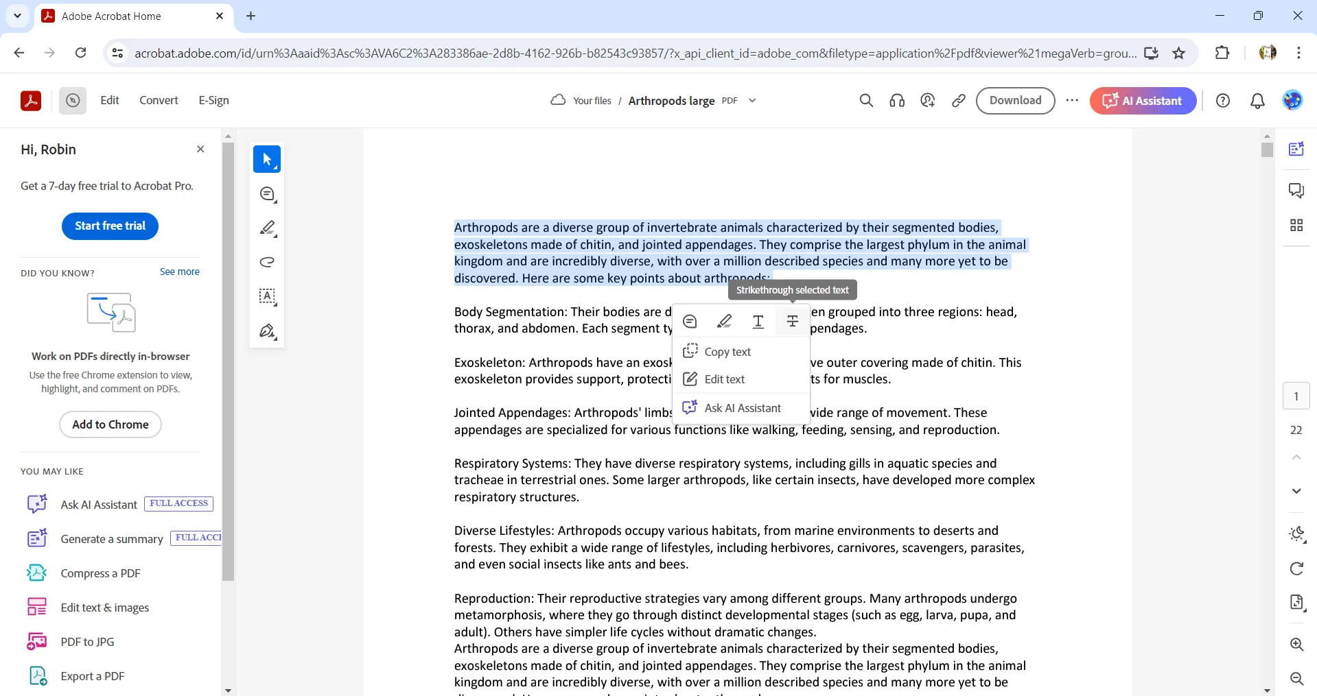 strikethrough text on Adobe Acrobat Online