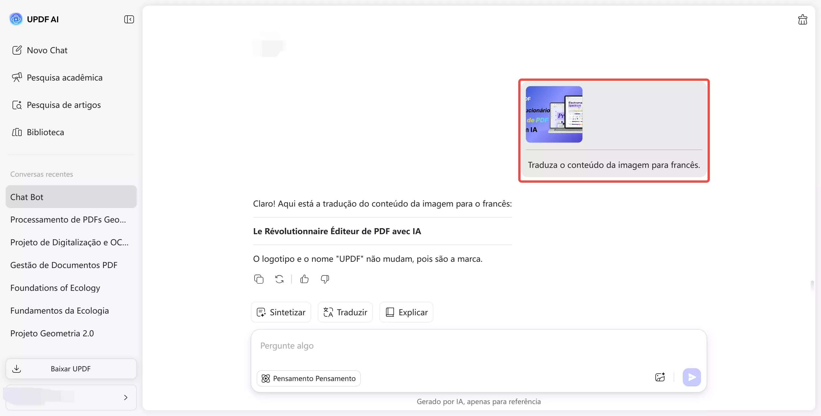 carregue a imagem na caixa de texto e insira uma instrução para que a ferramenta traduza o conteúdo da imagem