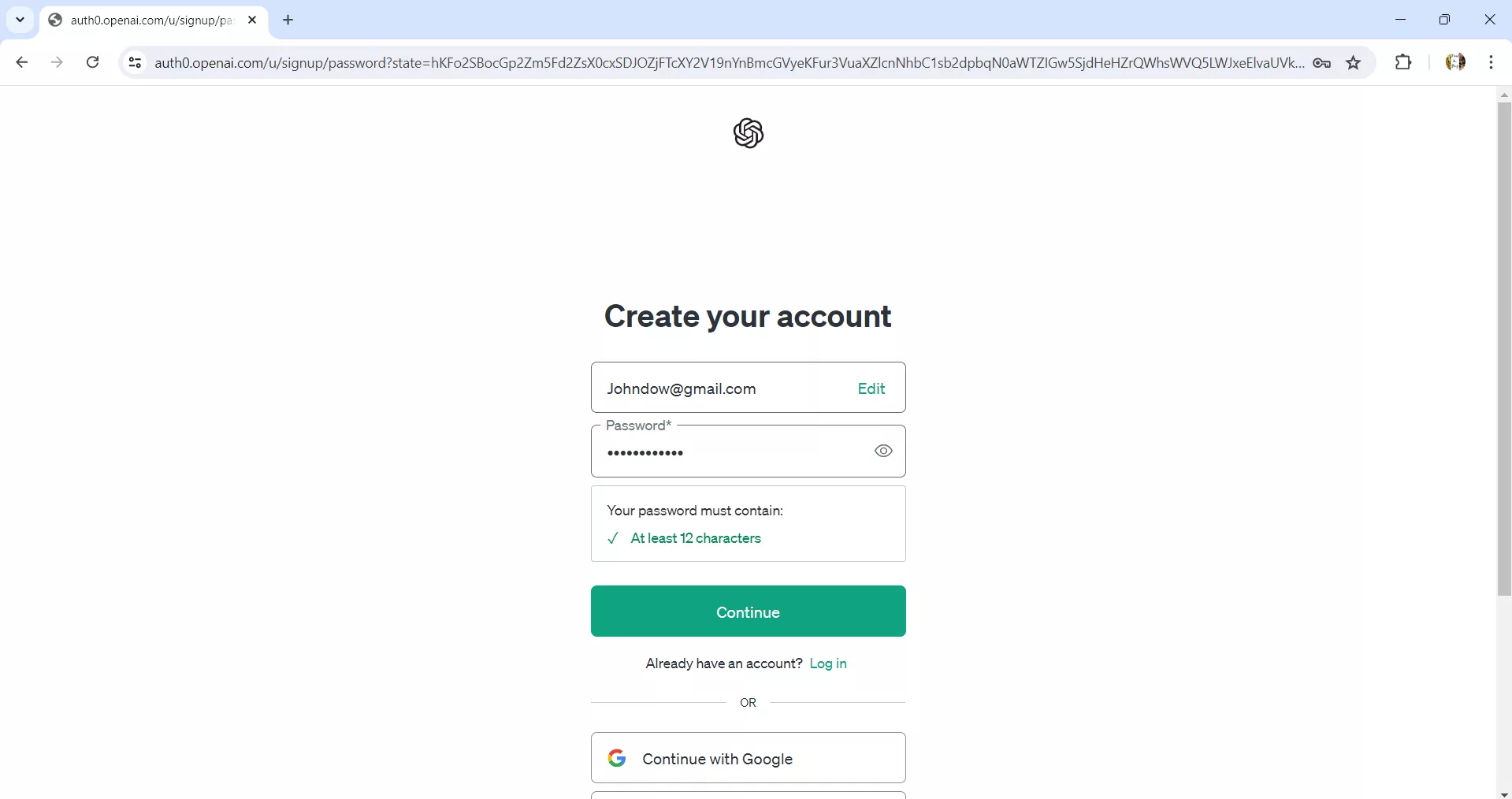 enter the password to create new account for chatgpt