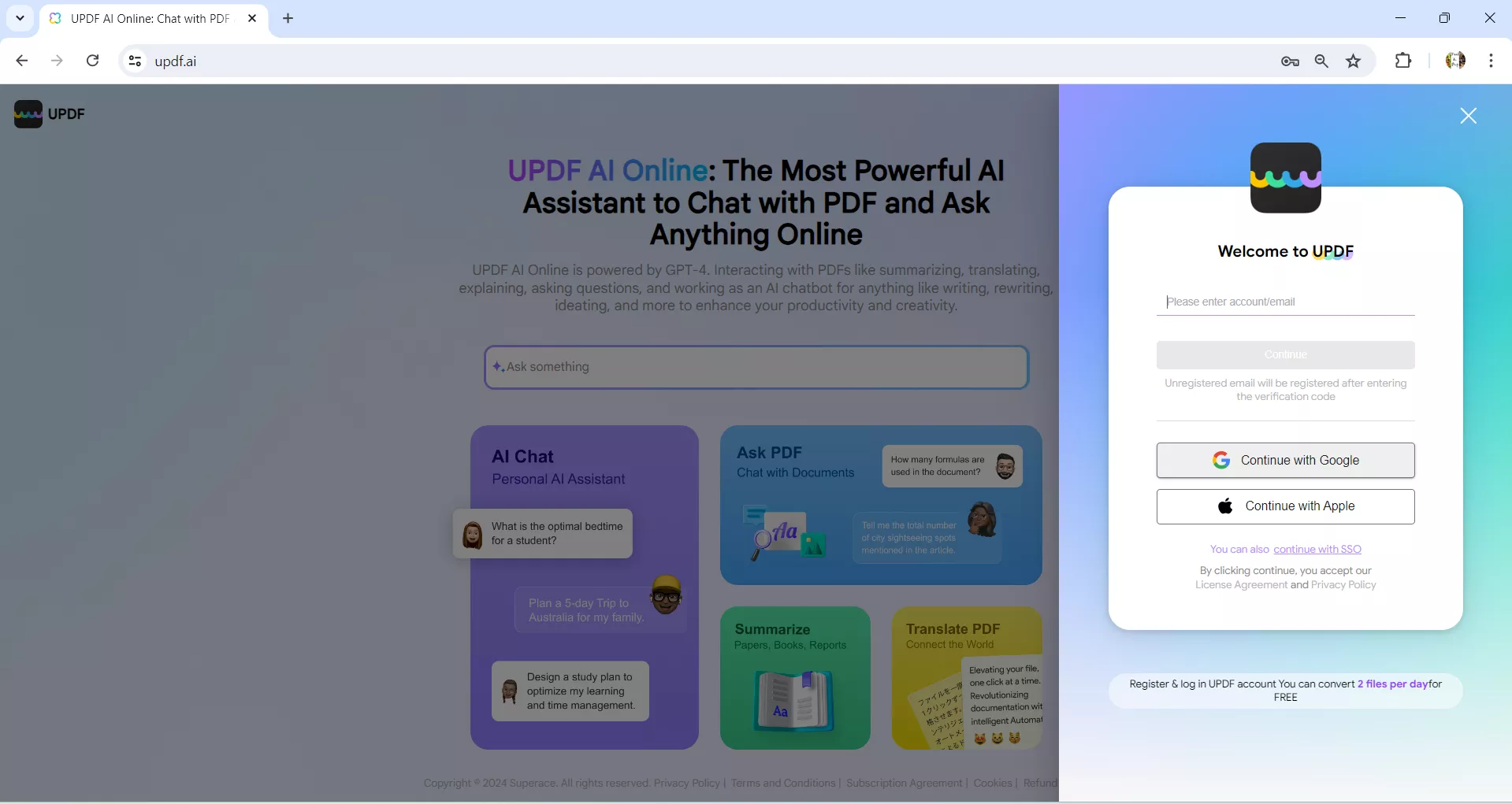 create google account for updf's online AI Assistant