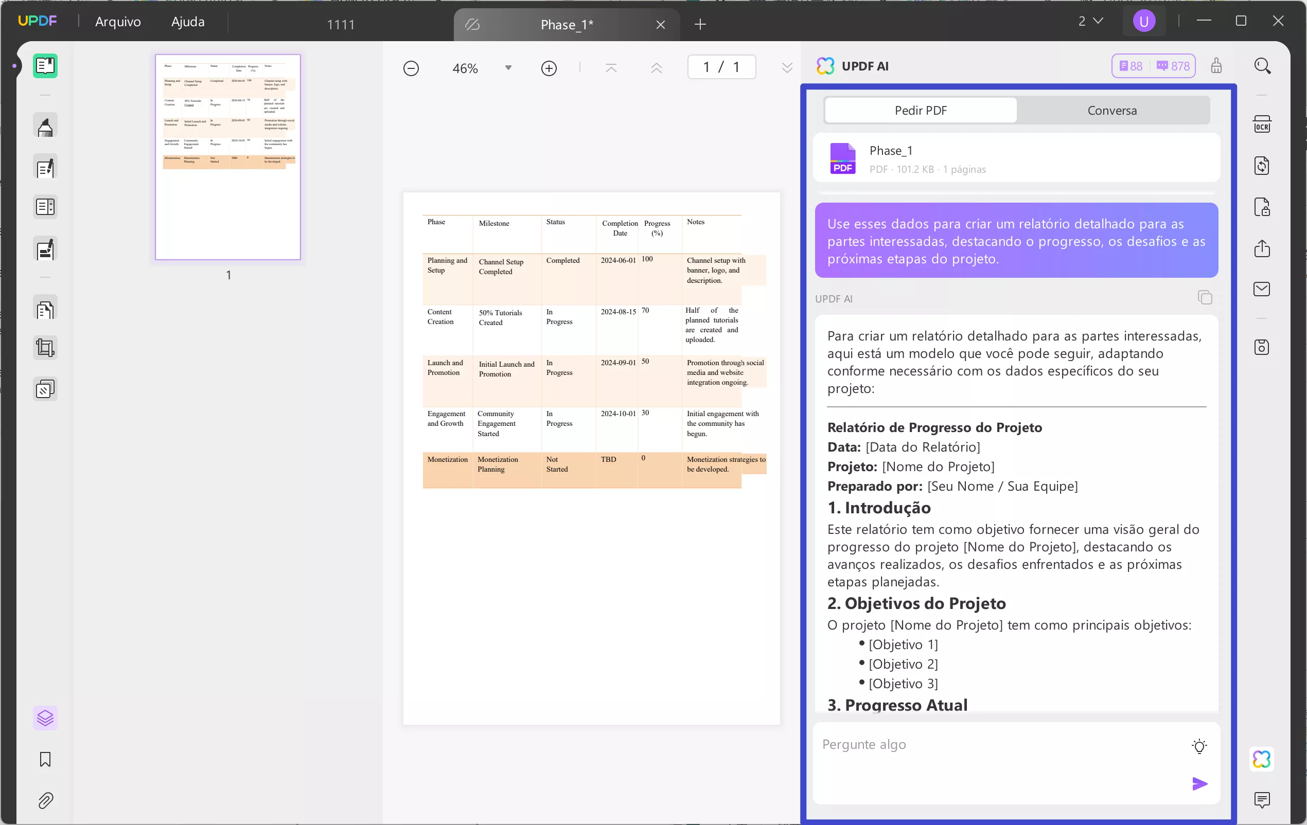 Crie um relatório de progresso a partir dos dados com o Assistente de IA do UPDF.